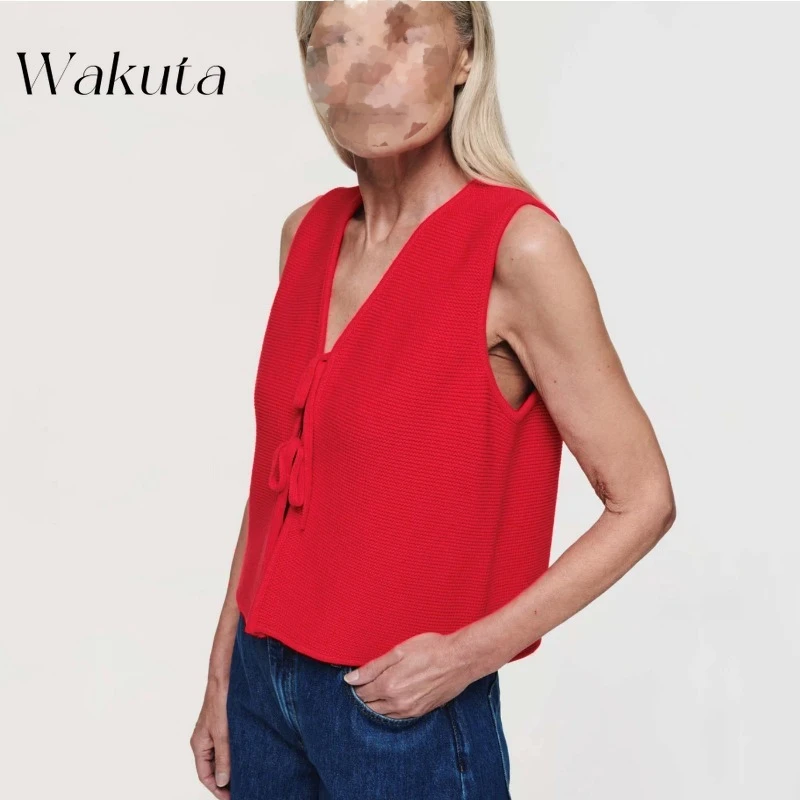 WAKUTA American Retro Autumn V-neck Single Breasted Y2k Camis Fashion Casual Straps and Rabbit Fur Vest Jacket Crop Tees Women