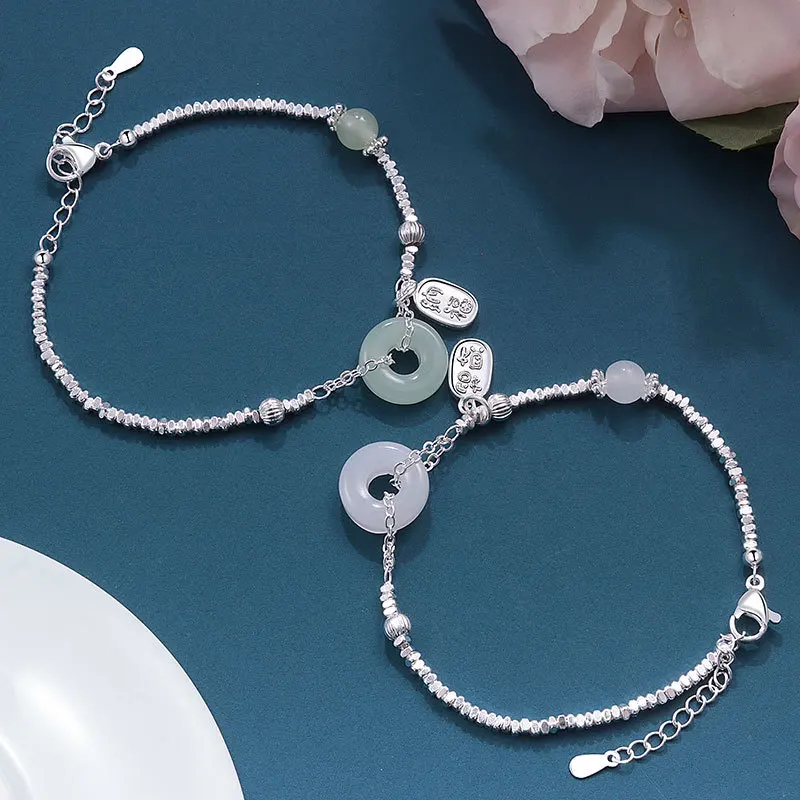 925 Sterling Silver Geometry Bracelet For Women Gift Hotan Jade Hollow Out Peace Buckle Wealth And Fortune Lucky Pendant Jewelry