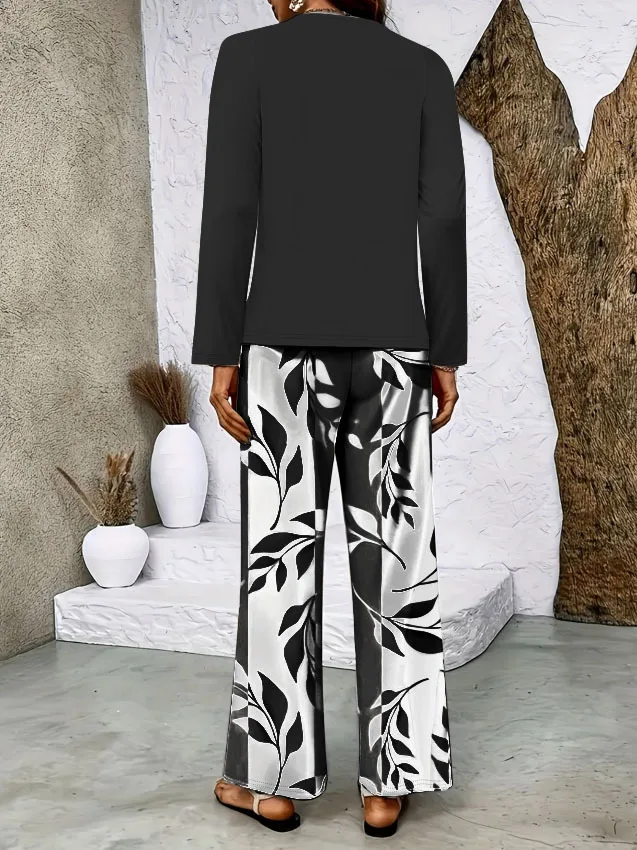 Plus-size European and American cross-border autumn and winter printed long-sleeve set, casual and elegant commuter two-piece se