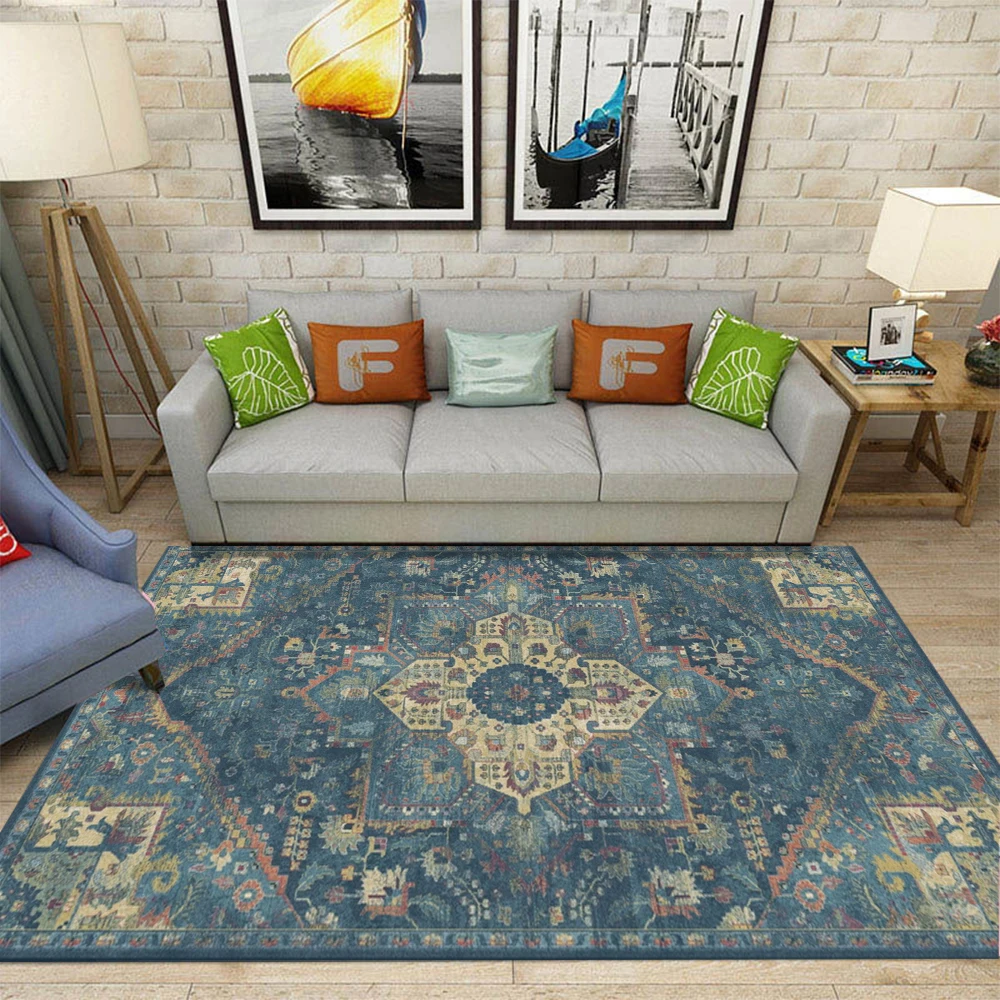 Blue Bohemian Style Rug Washable Living Room Carpet Ethnic Style Bedroom Kitchen Floor Mat Non Slip Coffee Table Mat Popular Rug