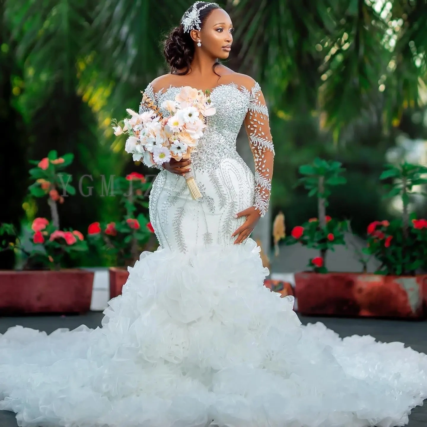 African Wedding Dresses Plus Size Luxury Mermaid Crystal Beaded Illusion Sleeve Ruffle Train High Quality Bridal Gown Customized