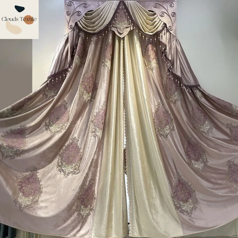 Custom  Size！！French Court Luxury Embroidery Romantic Pink Velvet Splicing Elegant Curtains for Living Dining Room Bedroom Decor
