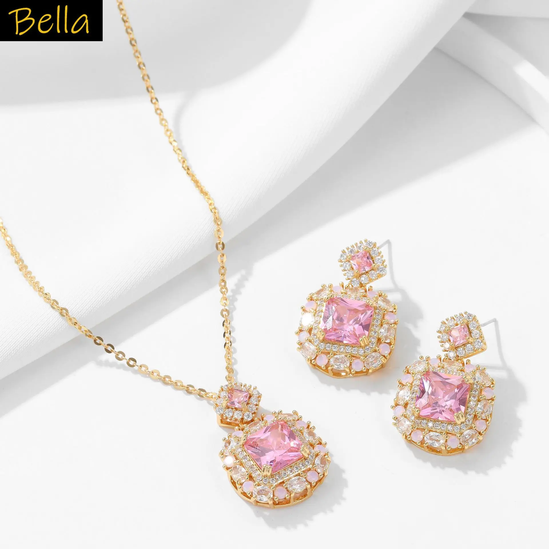 

jewelry sets 2pcs necklace earrings blue pink cubic zirconia square block pendant luxury jewelry evening party gift daily wear
