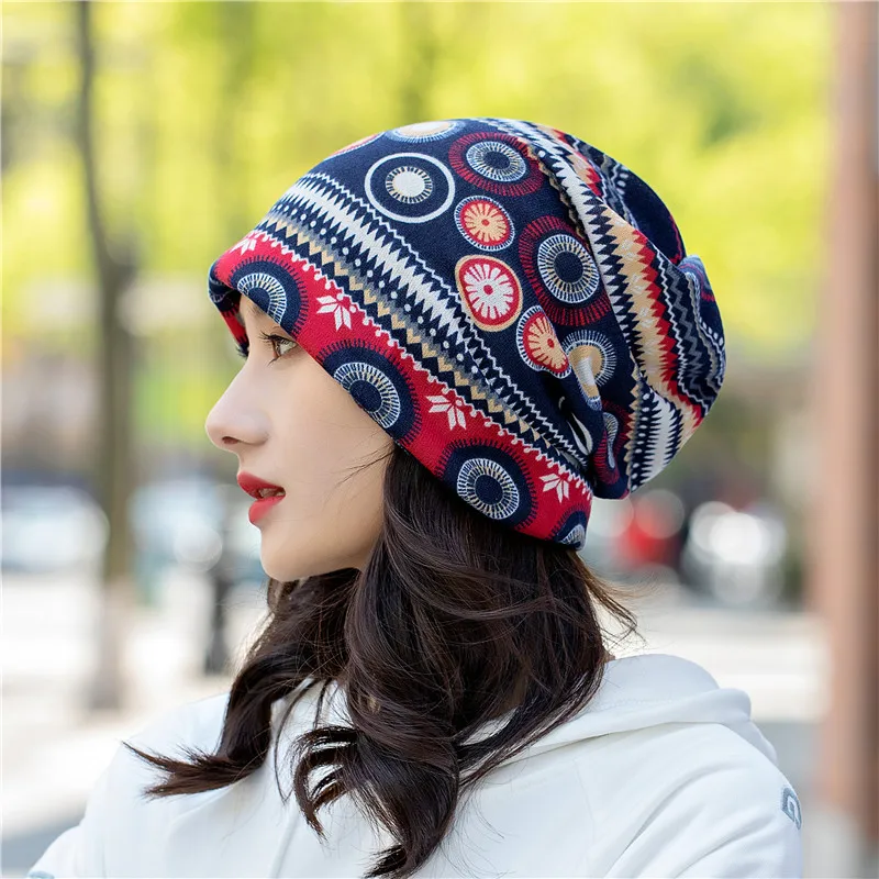 Baggy Casual Women Knit Beanie Hats Headwear Female Stylish Multicolor Flower Skull Beanies Hat Autumn Thin Bonnet Cap Headwear