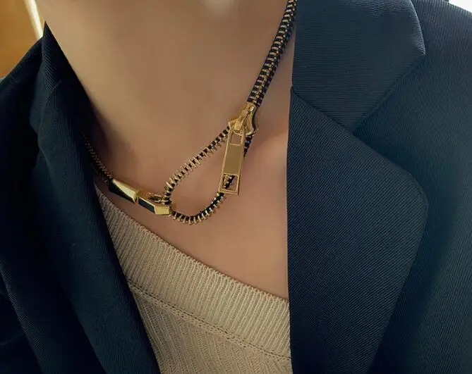 Brass With 18K Gold Zipper Lariat Choker Neckalce Japan Korean Style Party Designer T Show Runway Gown Jewelry Rare INS