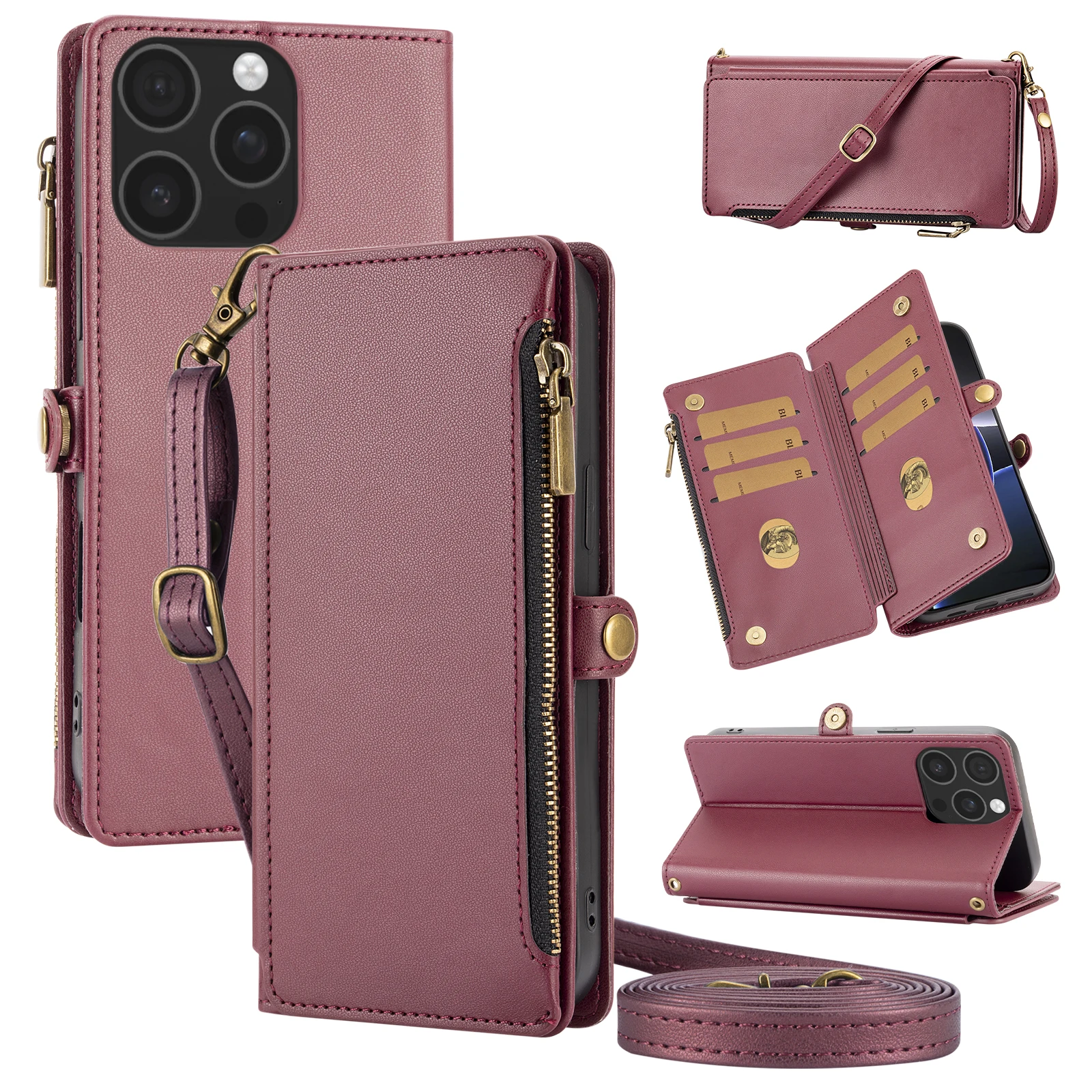 Handyhülle im Wallet-Stil mit mehreren Kartenfächern und langem Riemen zum Umhängen, Schutzhülle mit Reißverschluss für Münzen, Kunstleder-Schutzhülle für iPhone 17 Pro Max/16/15/14/13 – Detail 4