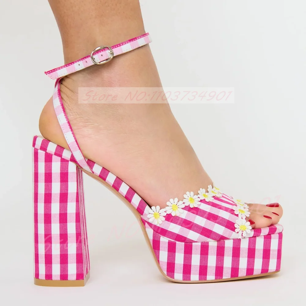 Pink & White Gingham Platform Heels Sandals Women Round Toe Daisy Flowers Ankle Strap Block Heels Sandals Unique Vintage Shoes