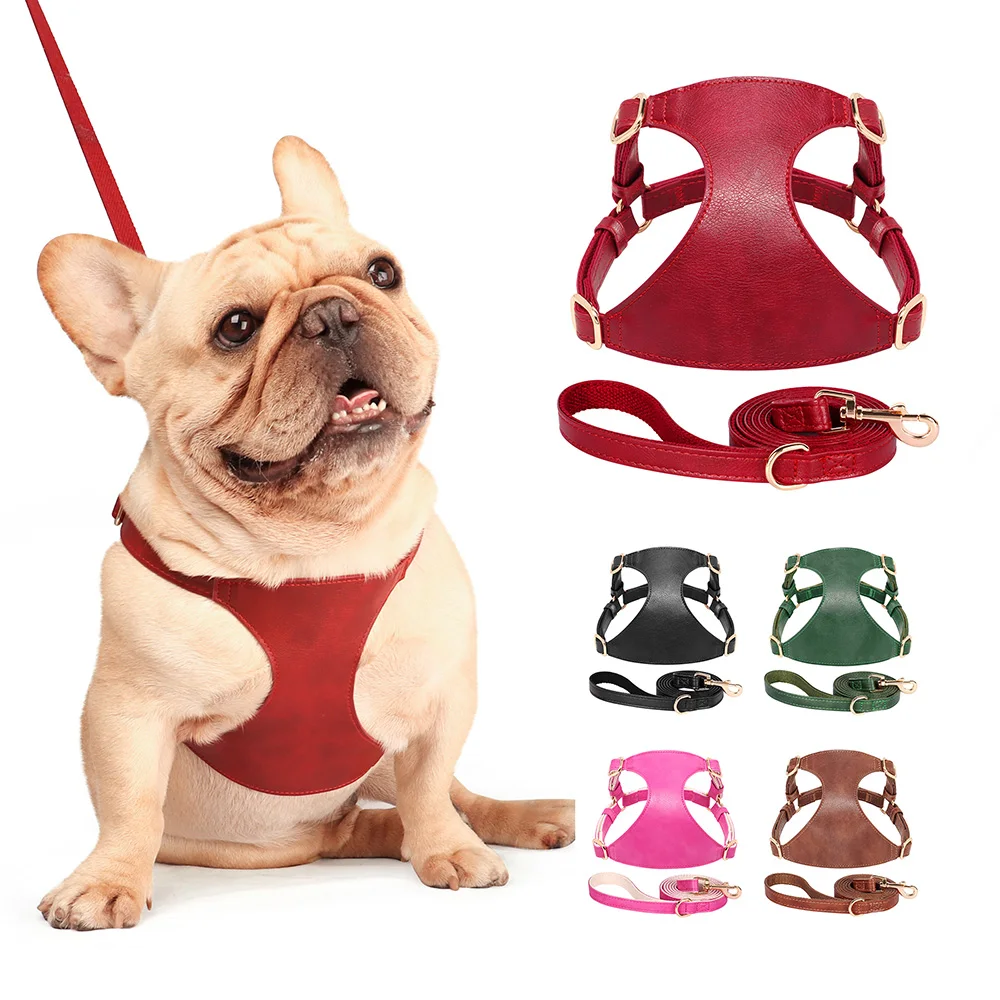 Soft Genuine Leather Dog Harness Leash Set Small Medium Dogs Cats Harness Vest For Chihuahua French Bulldog Walking Training