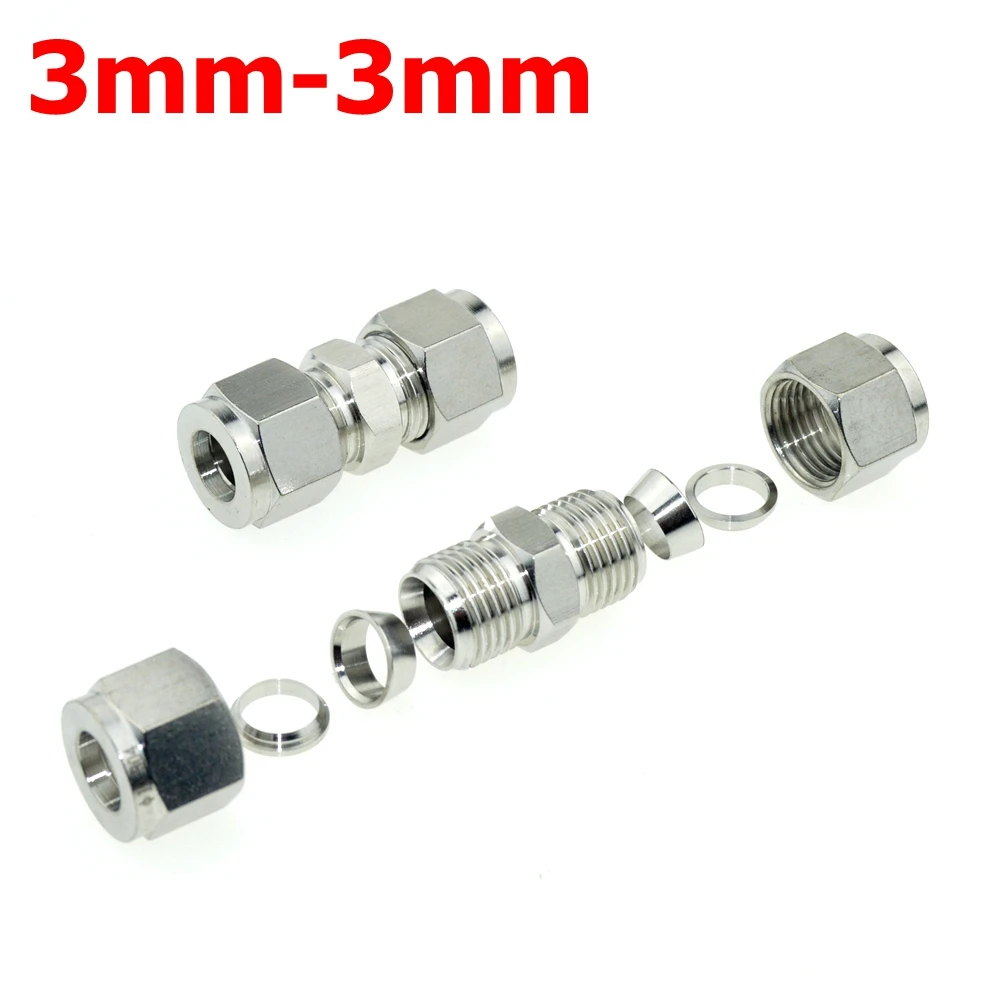 2Pcs 3mm-3mm Double Ferrule Tube Straight Compression Fitting Coupler SS Pipe Connector Stainless Steel 304