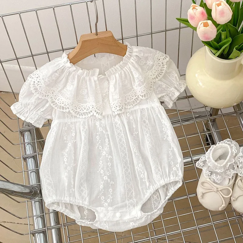 New Summer Sisters Clothes Kids Party Dress Girls Princess Dress Short Sleeved Cotton White Lace Sisters  Toddler Baby Bodysuits