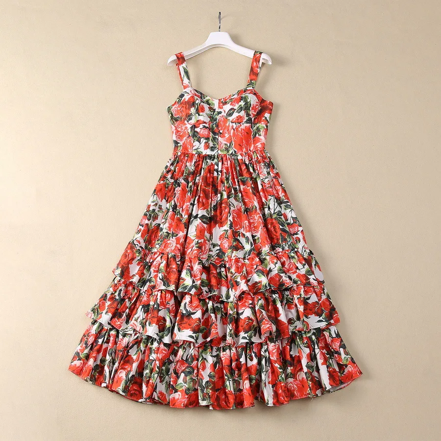 

Europe and the United States women's 2024 summer new suspenders Sleeveless flower print fashion Layered pleated dress