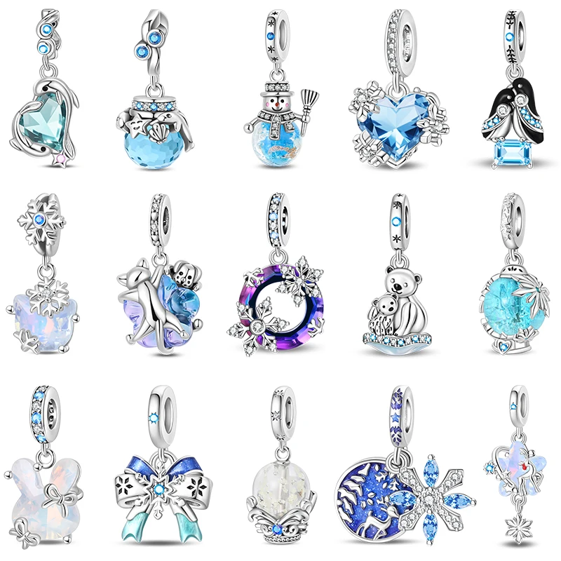 Winter-Charm-Perlen, versilbert, Schneeflocke, Schneemann, Elch, mit Zirkon-Anhängern, Charms für Original-Armbänder, feiner DIY-Schmuck, Geschenke