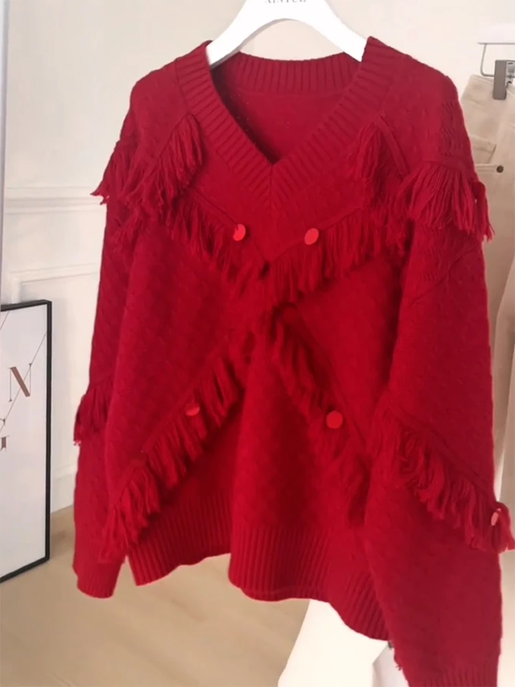 

Korean Design Tassel Sequin V-ne Sweater Autumn Winter New Sle plus Size Ele Faion Age-reducing Top Women's Faion