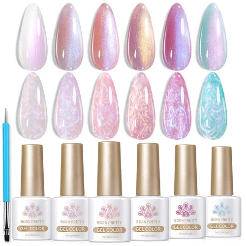 Imagen 1 del producto BORN PRETTY Juego de esmaltes de uñas de gel con hilo blanco perla de 7 ml, 6 unidades/juego con caja de regalo y adecuado para salón de uñas en el hogar para Navidad