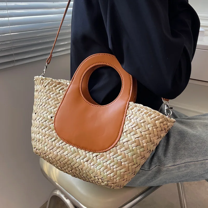 Bolsas femininas de tecelagem de palha, bolsa de ombro de grande capacidade, bolsas femininas simples de praia, verão 2022