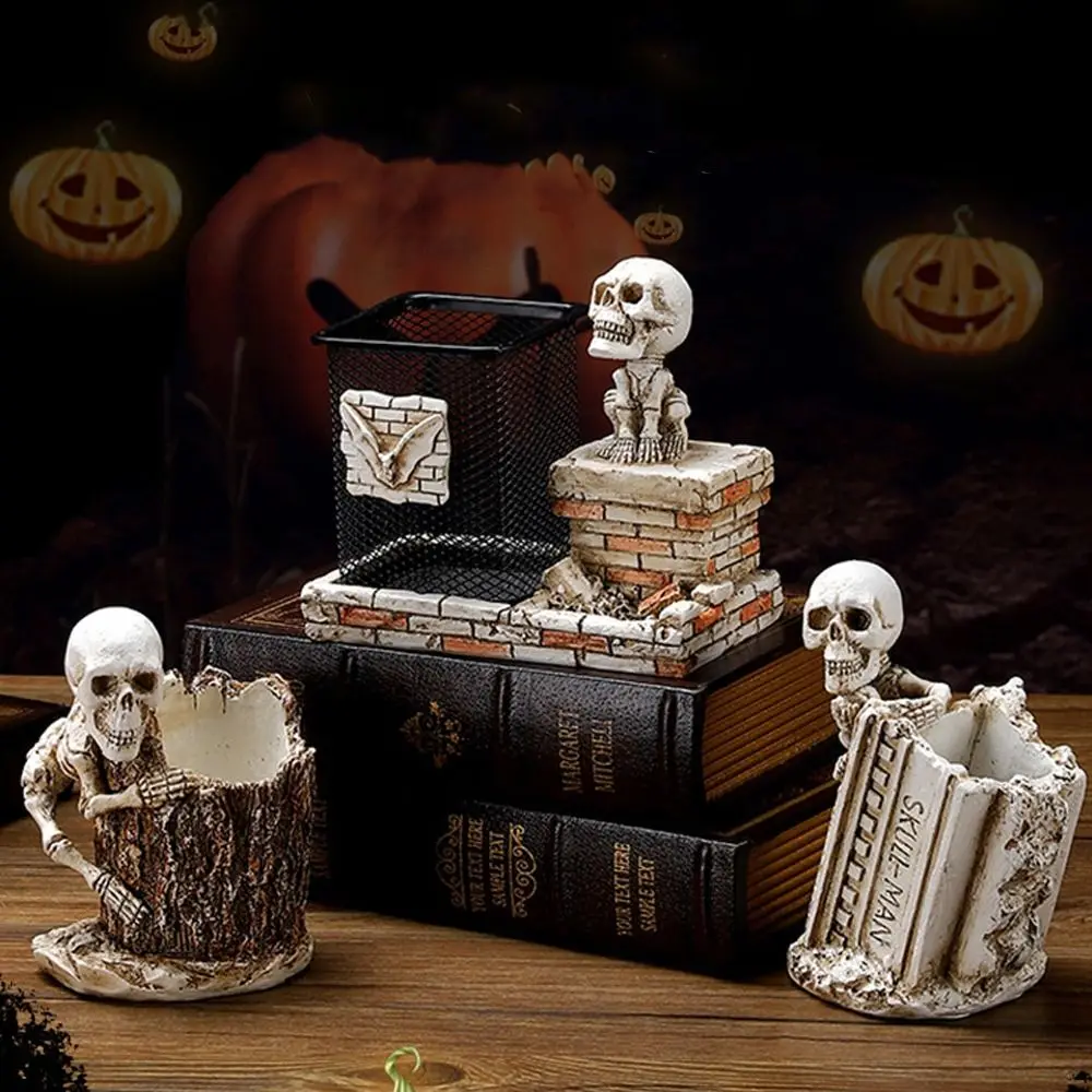 

Scary Halloween Skull Pen Holder Resin Crafts Funny Skulls Pencil Storage Bucket Festival Skeleton Statue Ornament