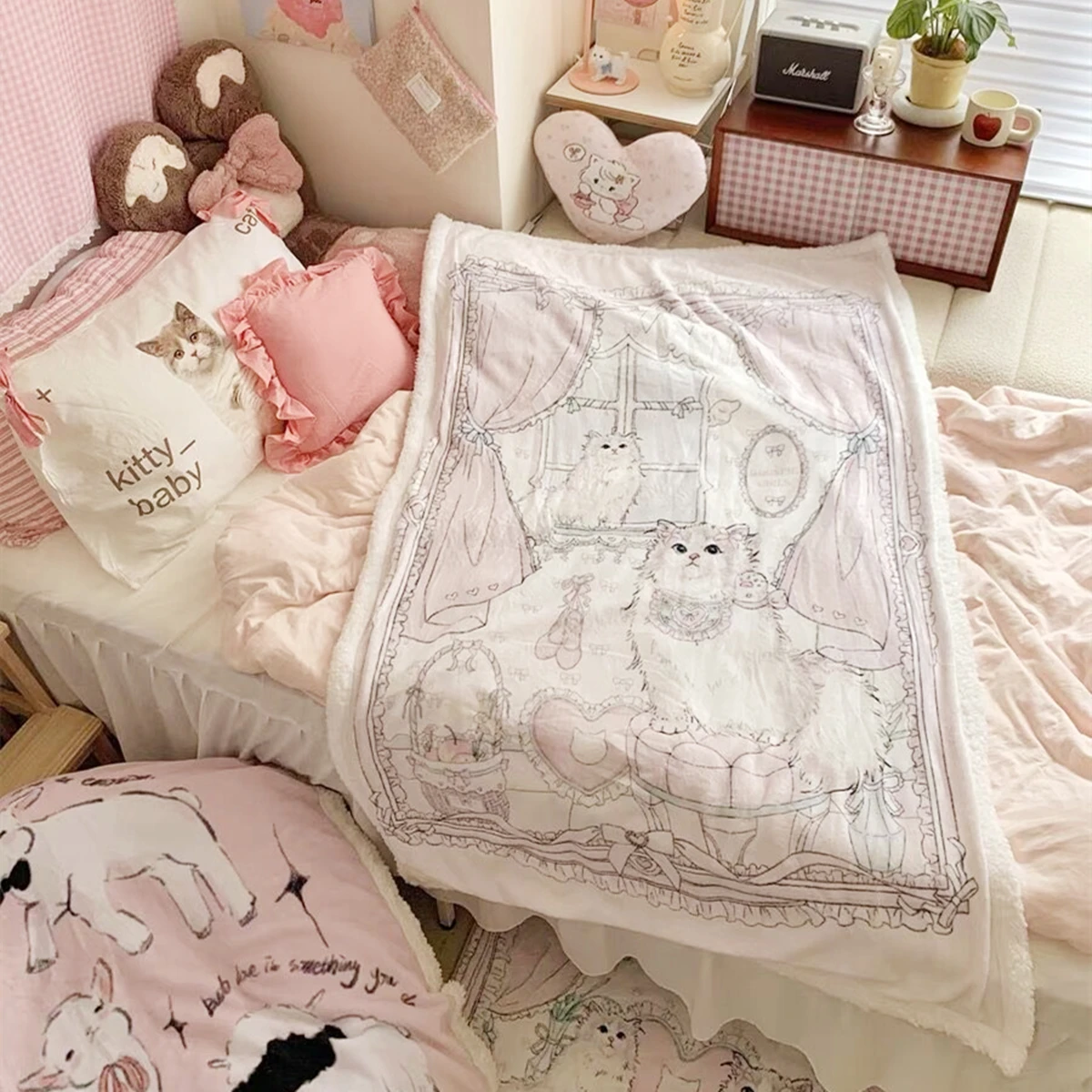 Cute Textile City Pink Girl Cat Pattern Throw Blanket Home Decorate Tapestry Sofa Cover Home Decorate Mat Cute Little Blanket