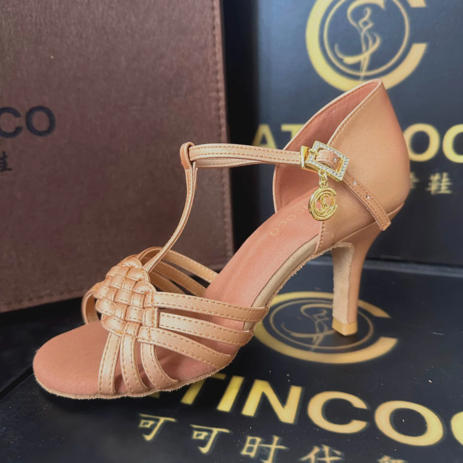 SW Latin Dance Premium Professional Adult High Heel Latin Dance Shoes with Woven T-Strap & Brown Oiled Leather Slim Cone Heel