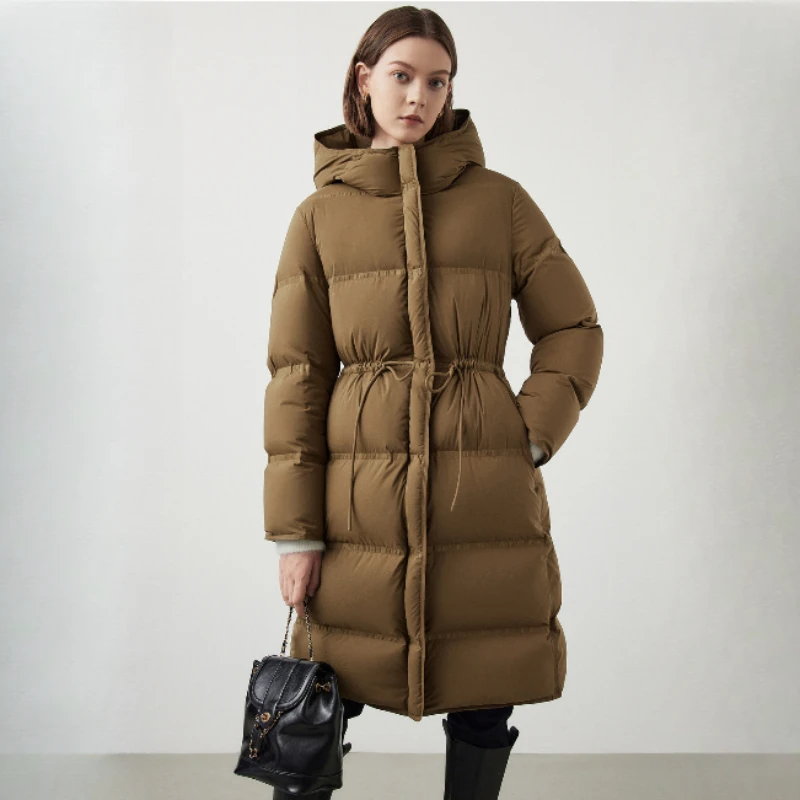 Winter Warm Coat Classic White Duck Down Jacket Fashion Hooded Medium-length Parka Waist Drawstring Slim Warm Women's Coat