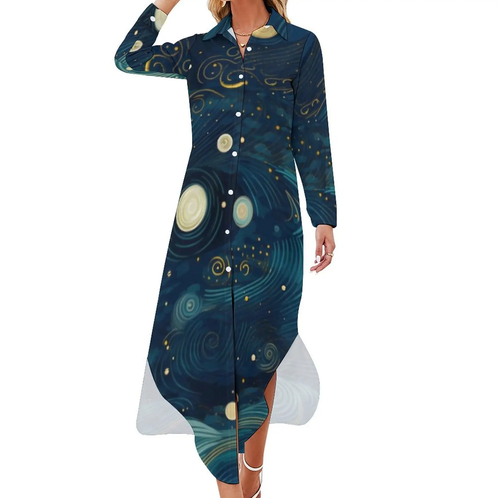 

Starry Night Sky Casual Dress Van Gogh Famous Painting Dresses Long Sleeve Festival Womens V Neck Custom Oversize Chiffon Dress