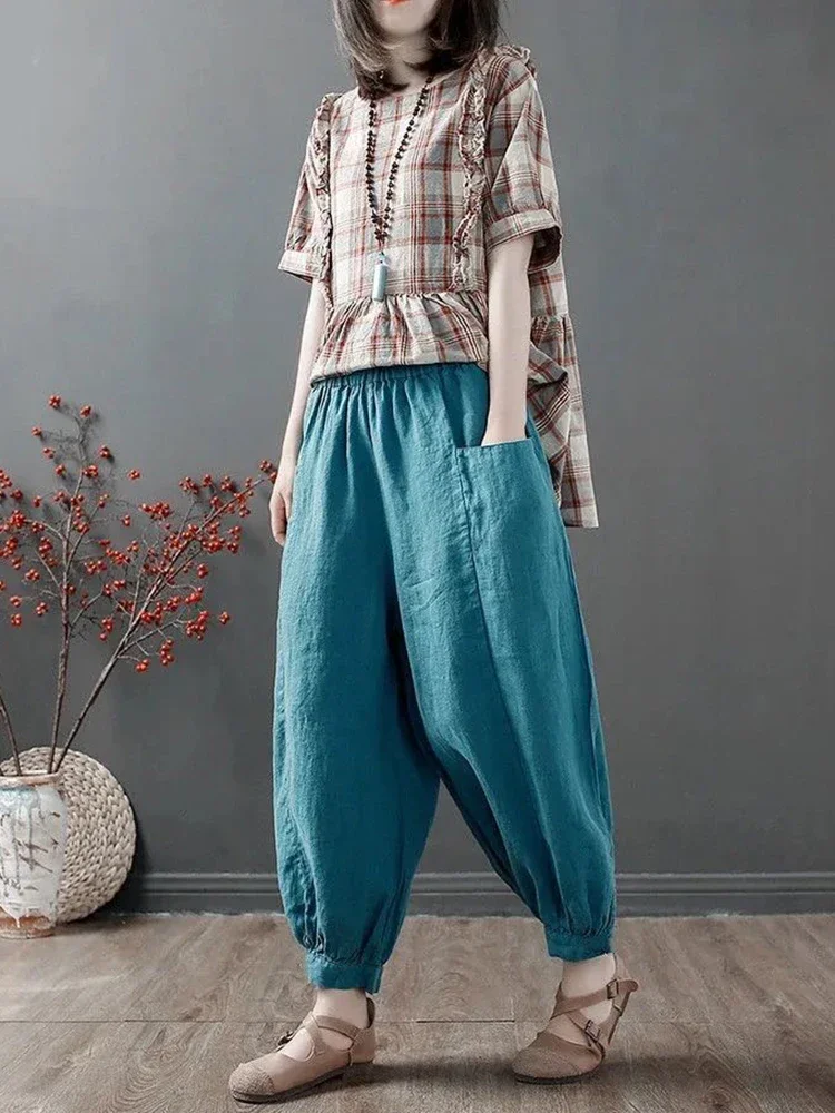 2024 Autumn Cotton Linen Harem Pants for Women Green Elastic Waist Loose Lantern Pants with Pockets Baggy Women's Capri Trousers