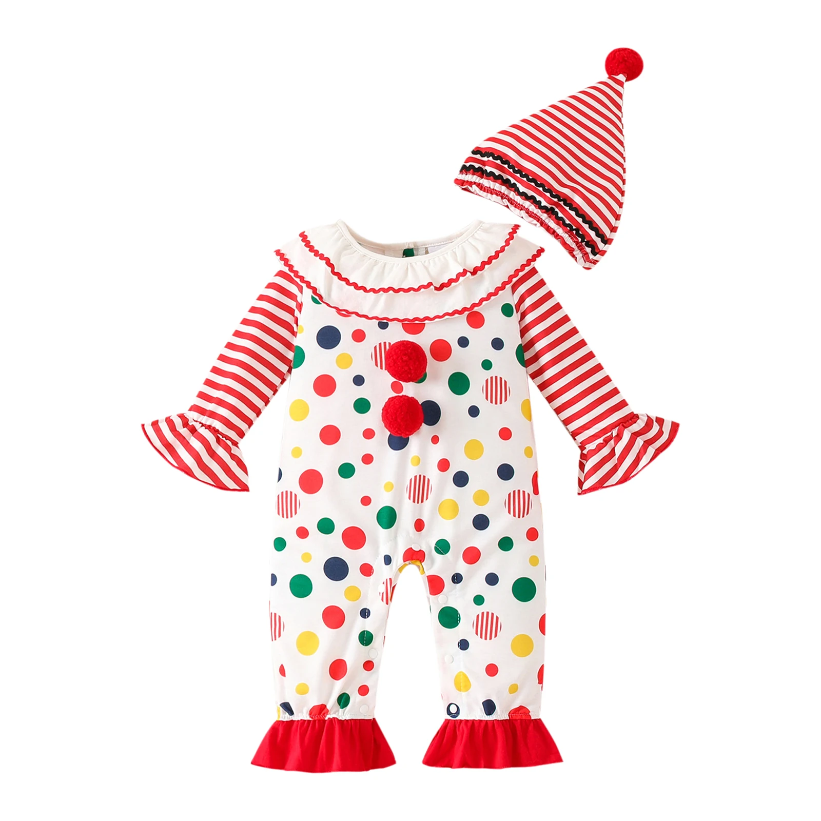 Toddler Baby Clown Costume Ruffled Collar Long Flared Sleeves Striped Bell-bottom Romper with Pompom Hat for Halloween Cosplay view 2