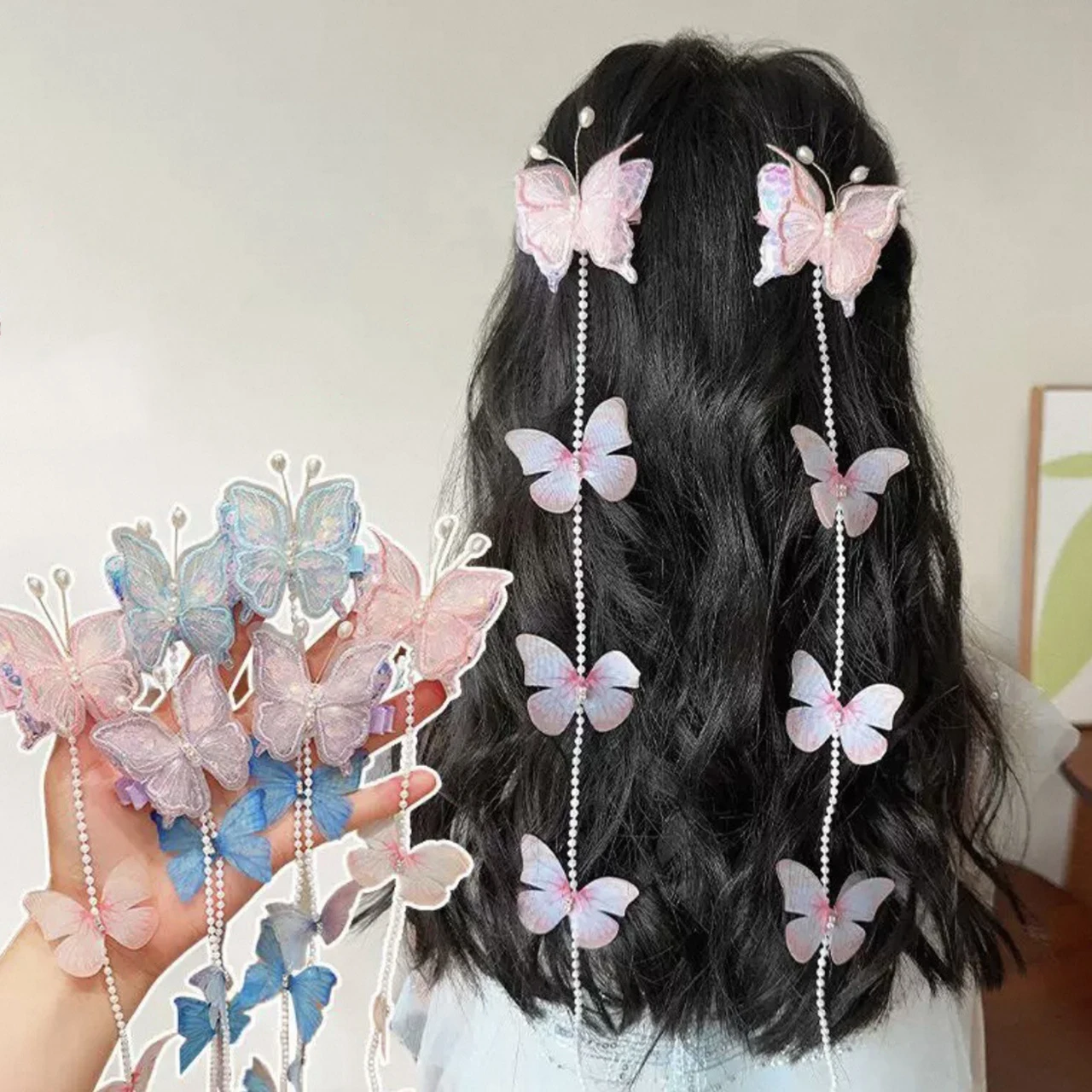2PCS/Set Fairy Pearl Butterfly Hair Clip Princess Girl Tassel Braided Hair Chain Hairpin Sweet Baby Headwear Kids Hair Accessory