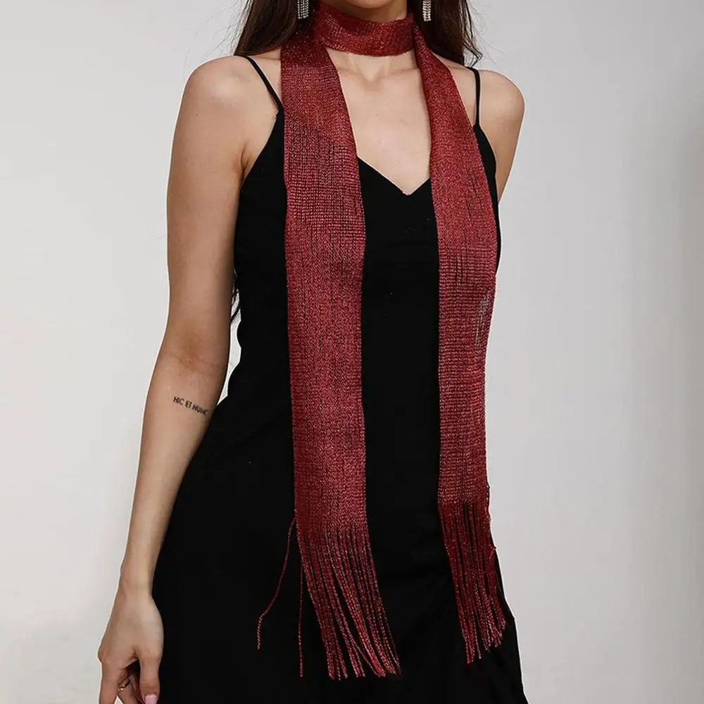 Fashion Nightclub Gold Silver Bright Silk Sunscreen Shawl Shiny Necklace For Women Lace Tassel Party Evening Dress Scarf