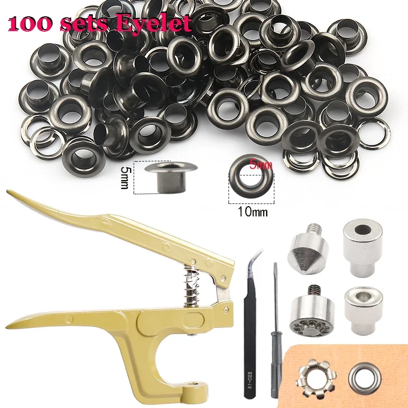 Ojal de latón de 5mm/6mm/8mm/10mm con Kit de alicates multifuncionales, anillos de ojos redondos para manualidades de cuero, ropa, zapatos, bolsa,