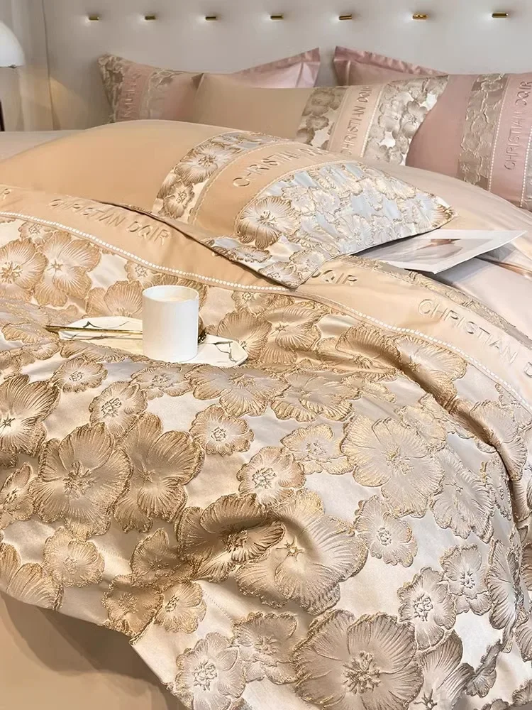 High-end light luxury pure cotton four-piece set, cotton relief embroidery quilt cover, bed sheet, bed hat, bed use