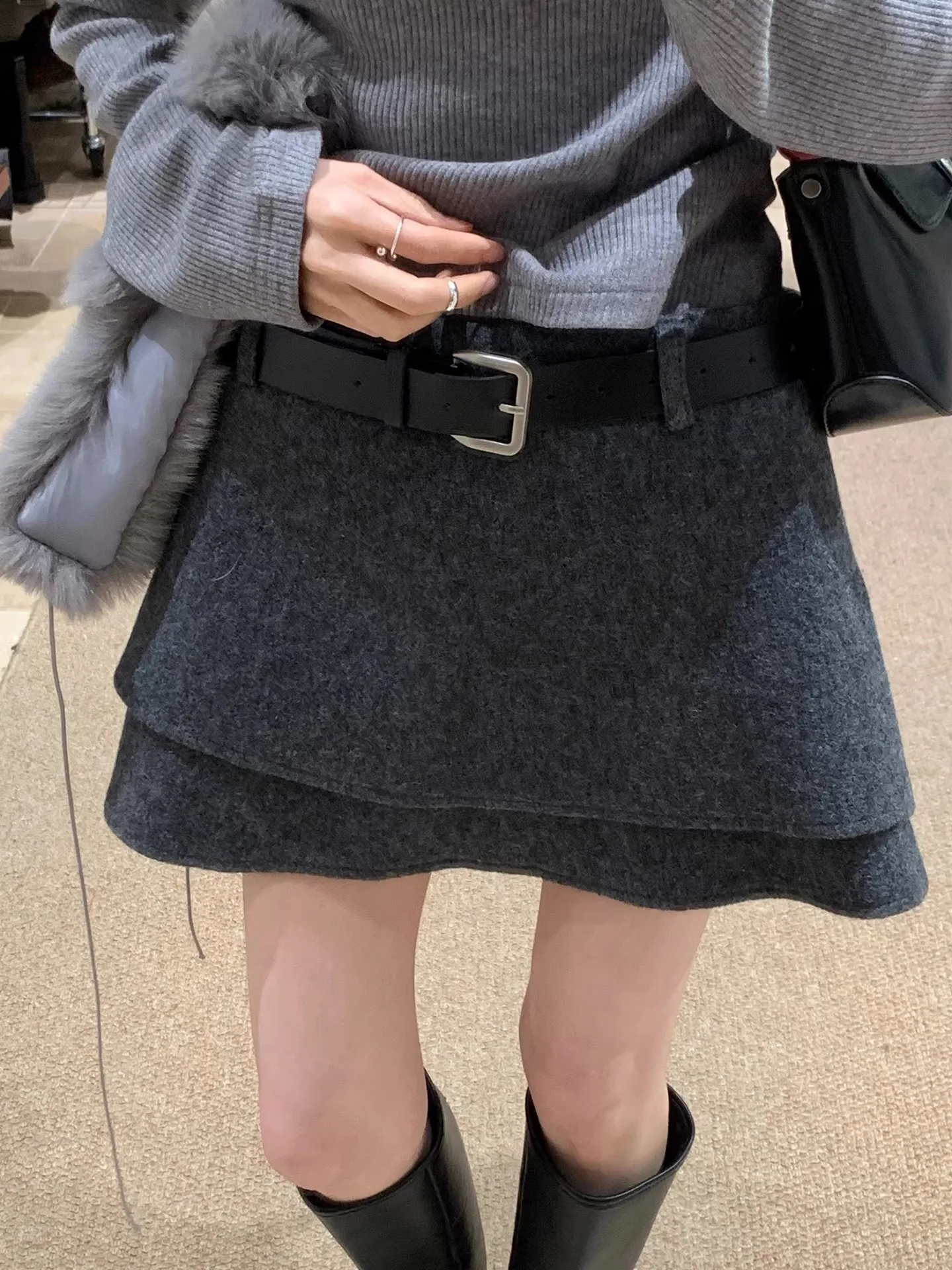 

Gray Tweed Bicolor Half-length Skirt with Belt Design Casual High-waist A-line Skirt Double-layered Fashion Women's Skirts