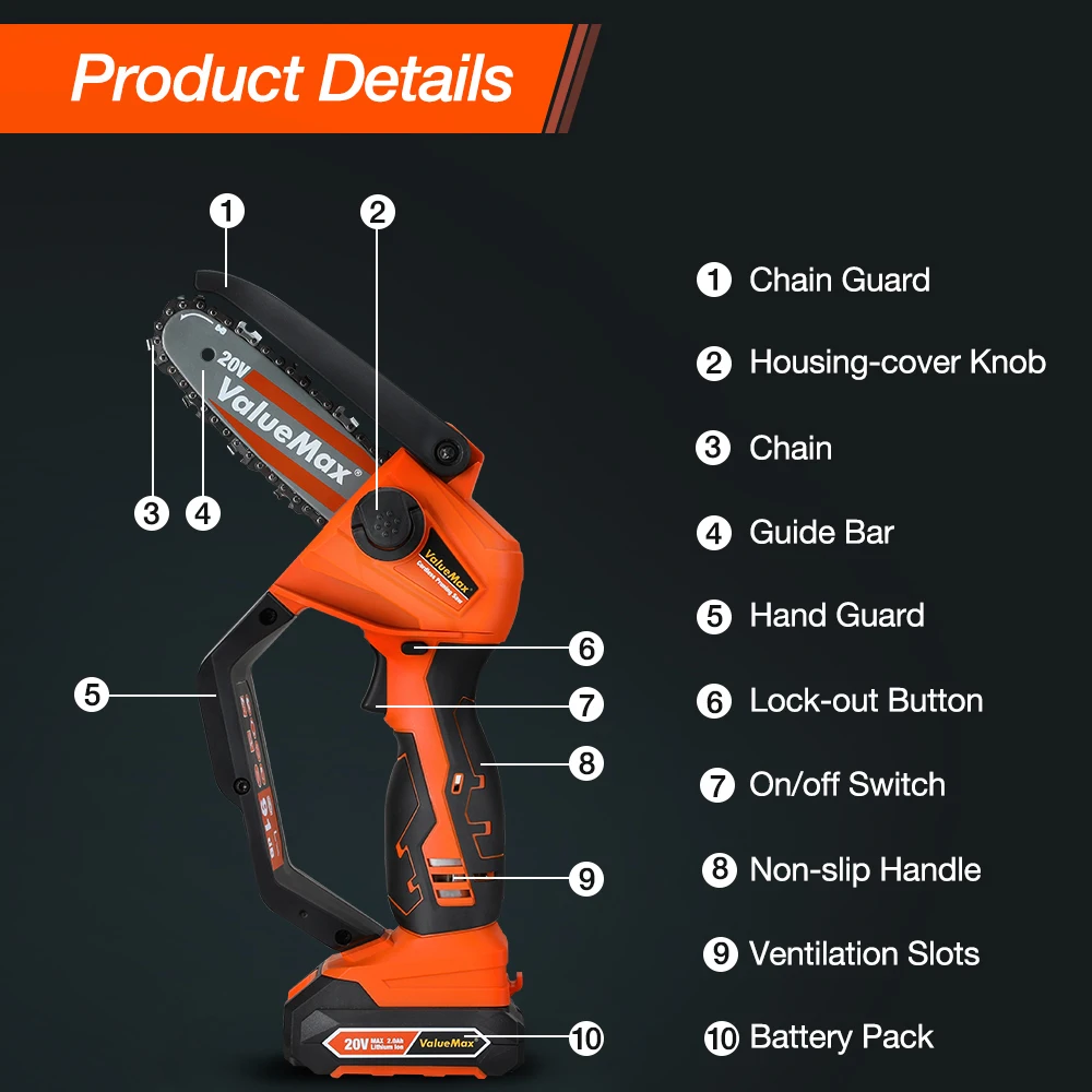 VALUEMAX 20V Electric Pruning Saw Brushless Chain Saw Cordless Mini Handheld Saw Portable Woodworking Electric Saw Cutting Tool