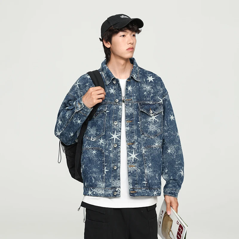 

Star Gradient Washed Denim Jacket Men's Autumn 2024 New Handsome Street Style Men's Loose Printed Y2K Clothes