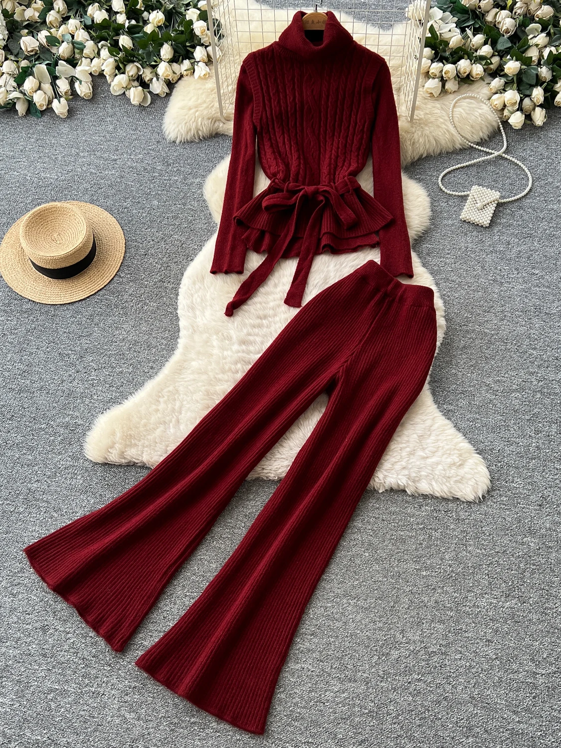 Slimming Knitted Three-Piece Set High Collar Waist-Cinched Fitted Sweater Vest Wide Leg Pants Commute Style Women's Autumn Wear