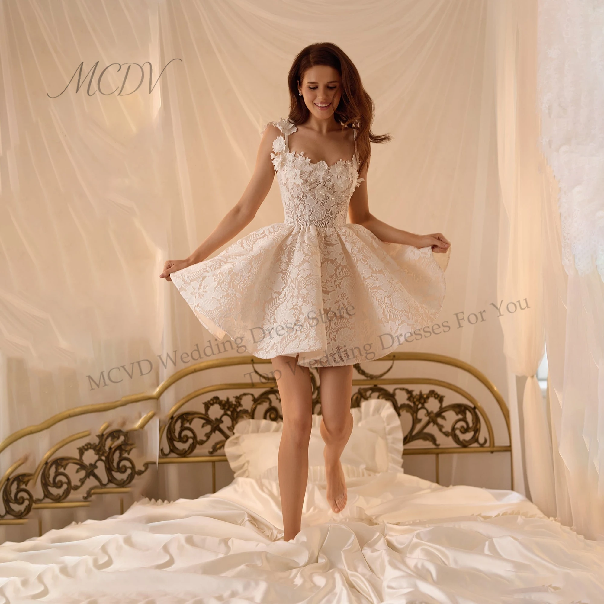 Lace A-Line Short Civil Wedding Dresses Spaghetti Straps Flowers Applique Corset Back свадебное платье короткое Customized