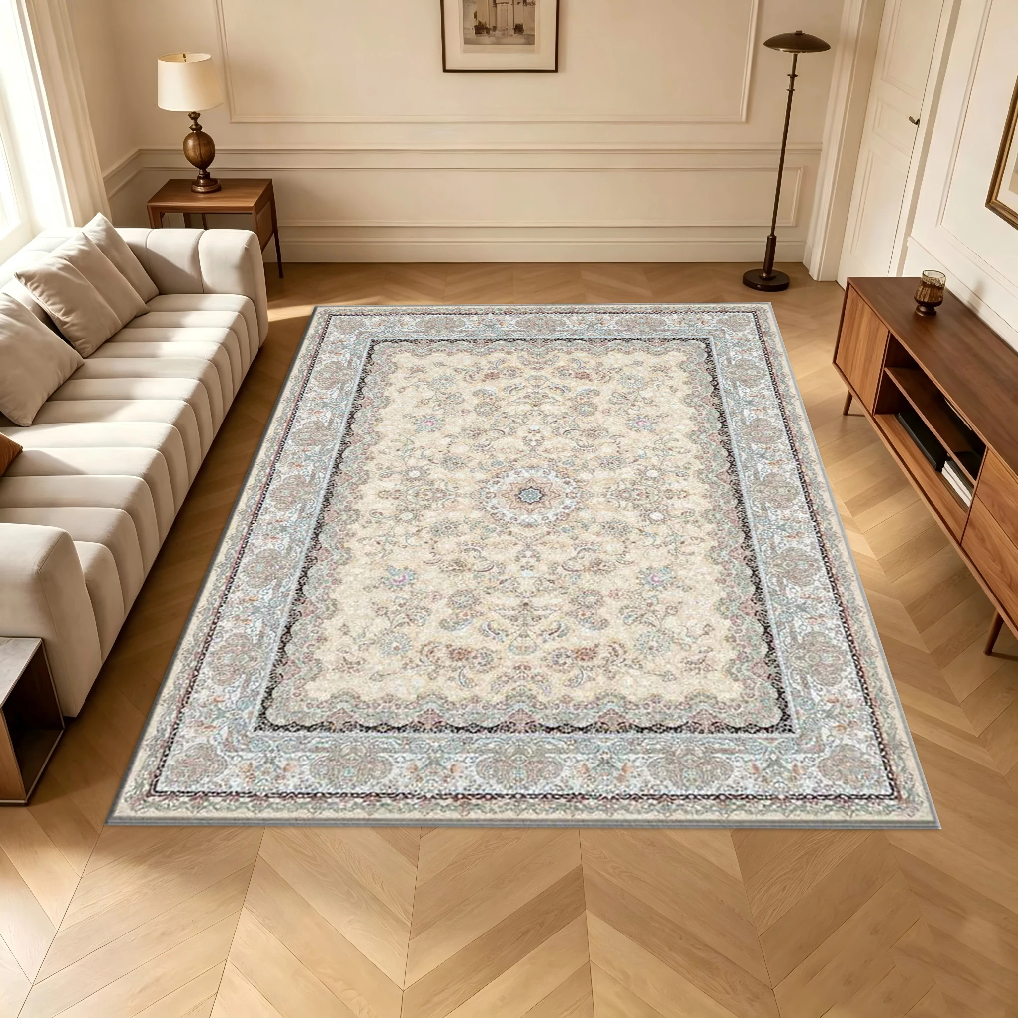 Beige Light Blue Vintage Medal Pattern Carpet Classic Oriental Carpet Floor Decoration Living Room Bedroom Carpet