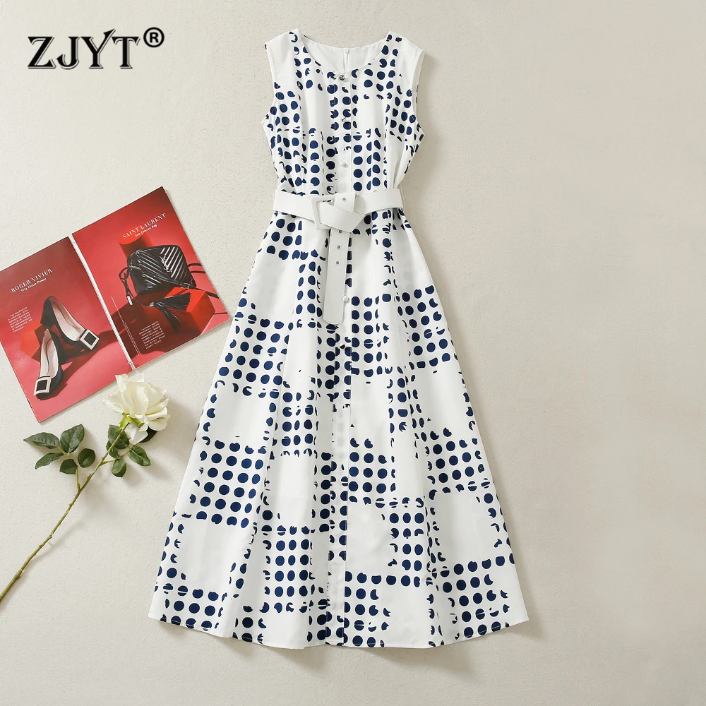 

ZJYT Summer Runway Fashion Women Sleeveless Dot Print Dress White O Neck Casual Holiday Midi Tank Dresses Female Vestidos 2025