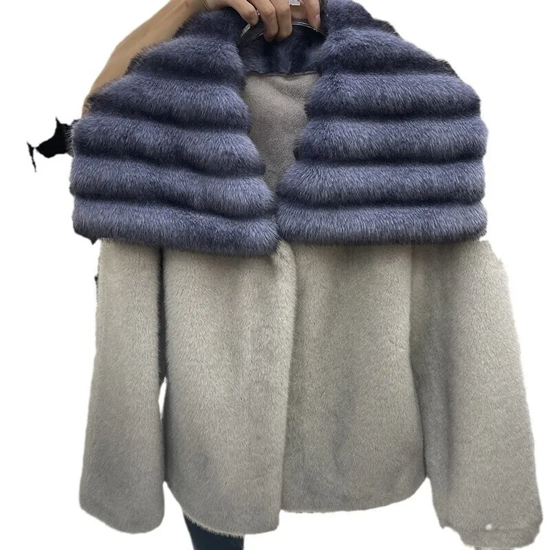 [EWQ] Europe Women Thick Warm Coat Faux Sheepskin Coats Elegant Faux Mink Fur Top Loose Outwear Big Turn-down Collar Winter 2024