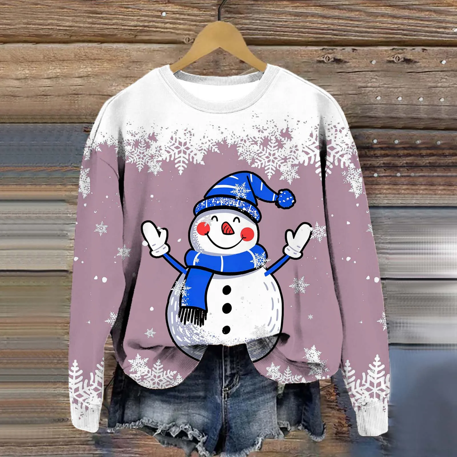 Women Christmas Sweatshirts Winter Snowman Snowflake Print Long Sleeve Y2k Hoodie Streetwear Pullovers Tops Comfortable Clothing