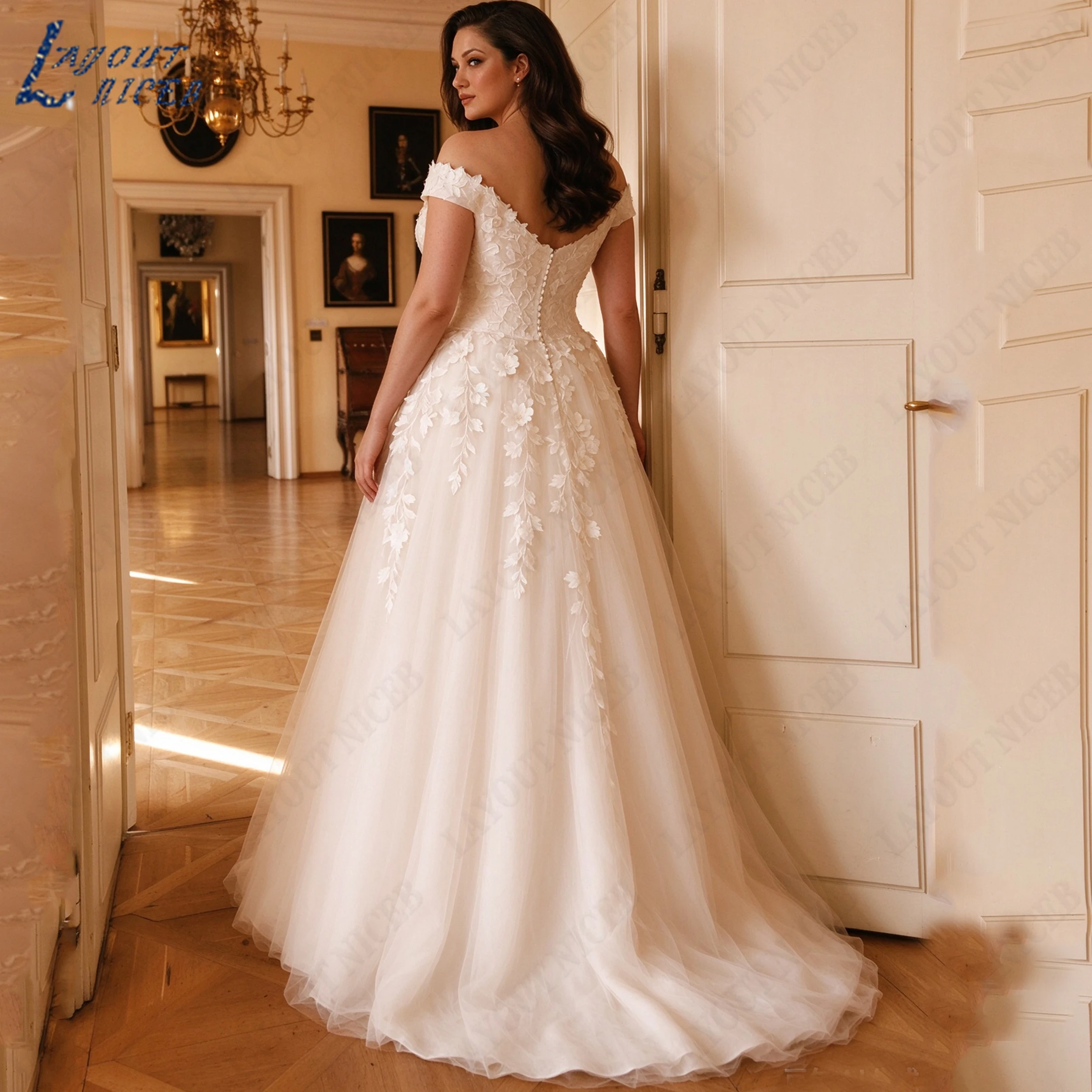 LAYOUT NICEB Customized Off The Shoulder A Line Wedding Dress 3D Applique Tulle Bridal Gown Plus Size Women Bridal Dresses