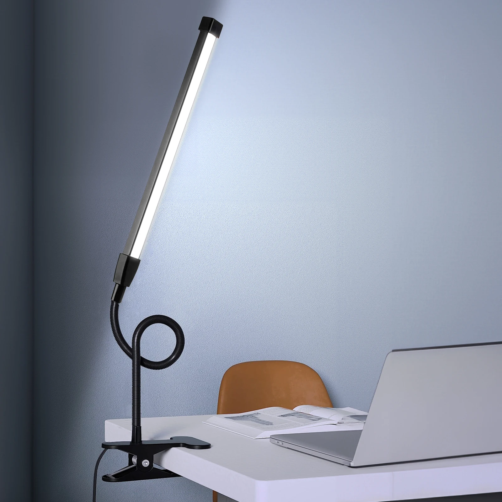 B LED Desk lamp with Clamp, Eye-Caring Clip on Lights for Home Office, 3 Modes 10 Brightness, Long Flexible Gooseneck,Metal