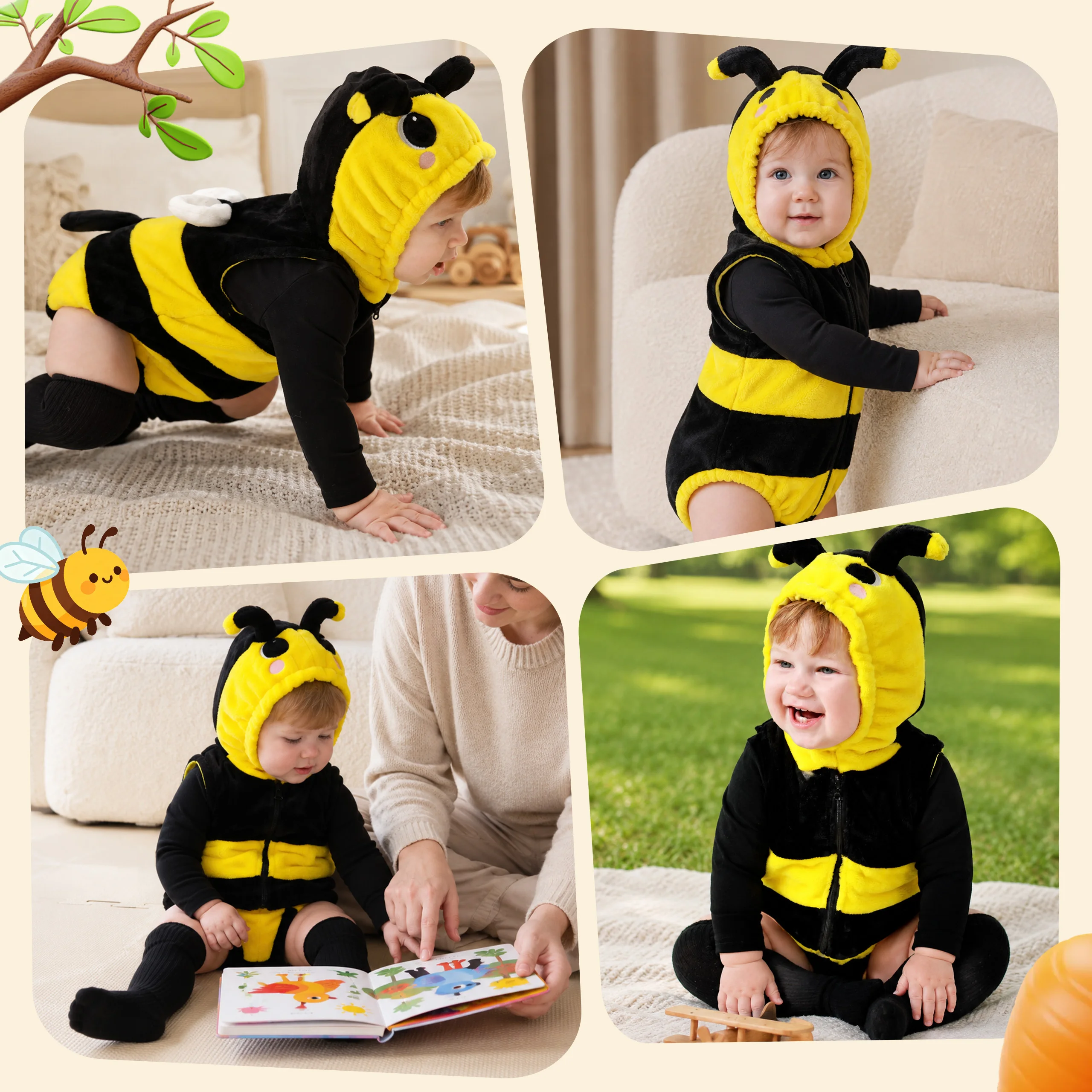 LOlanta 3Pcs Baby Toddler Bee Costume Halloween Onesie First Birthday Outfit Animal Cosplay Dress Up