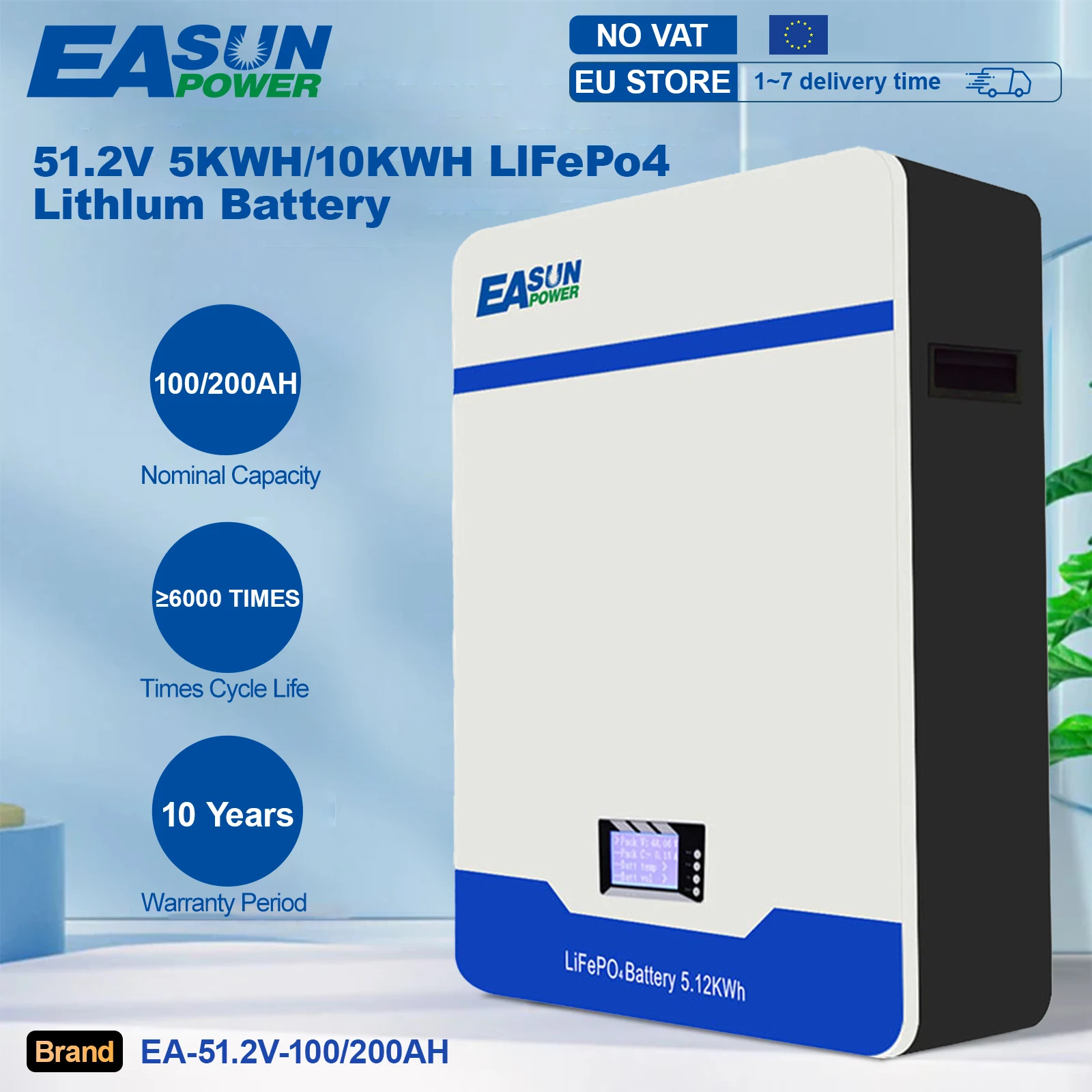 Batteria EASUN 48V LiFePo4 Batteria 100AH/200AH 5KWH 10KWH Montaggio a parete al litio ferro fosfato BMS 16S 51.2V Accumulo di energia