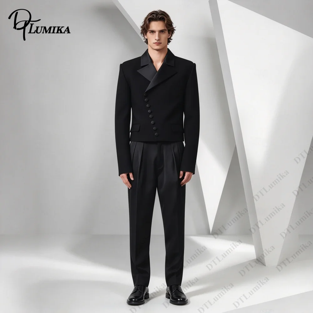 Cropped Black Men Suit Two Pieces Asymmetric Button Short Blazer & Wide Leg Trousers Modern Chic Formal Gentlemen Outfit