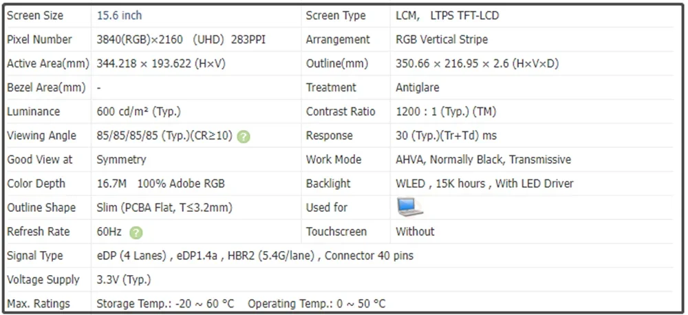 B156ZAN03.3 15.6 inch Laptop LCD Screen IPS Panel Slim 72% NTSC 60Hz Antiglare EDP 40pins 3840x2160 UHD 283PPI 600 cd/m² (Typ.)