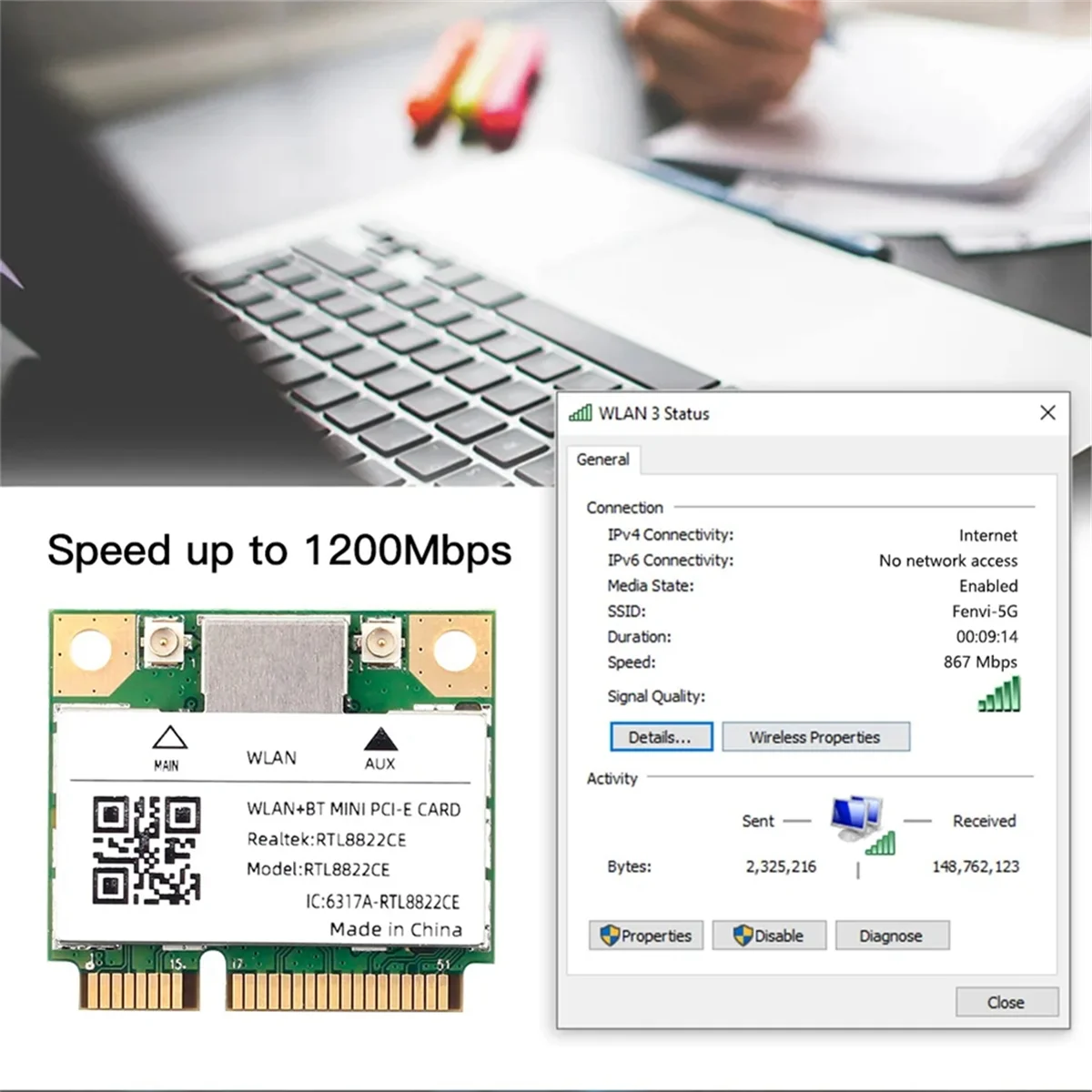 WiFi Mini Pcie RTL8822CE 1200Mbps de banda dupla Bluetooth 5.1 Adaptador sem fio 802.11ac para laptop/PC Vento 10/11
