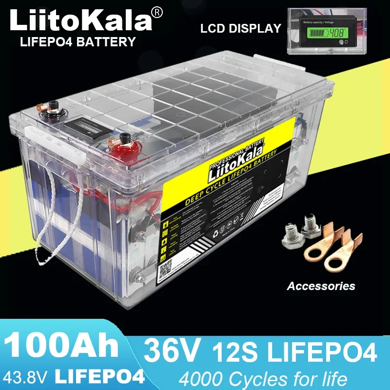 LiitoKala 36V 100Ah 12s LiFePO4 Battery Lithium Iron Phosphate 4000Cycles RV Alternator Solar Energy Camping Off-Road Tax Free