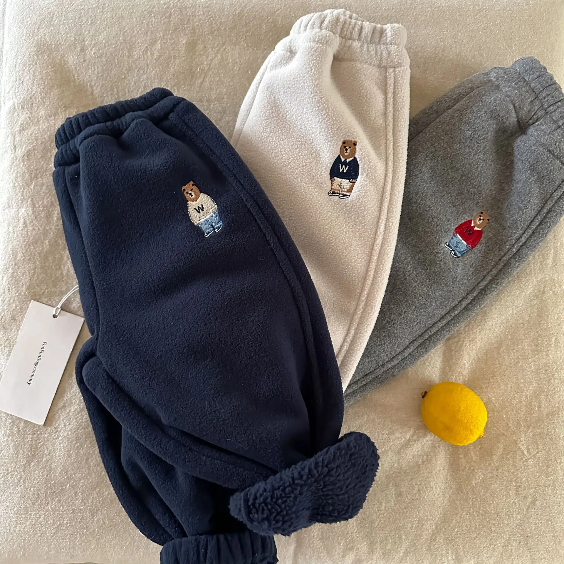 

2025 Winter New Children Fleece Trousers Boys Plus Velvet Thick Casual Pants Cartoon Embroidery Girls Warm Pants Kids Clothes