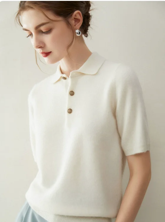 POLO neck soft waxy 100% pure cashmere sweater women's short sleeve T-shirt knitted vest autumn and winter bottoming sweater
