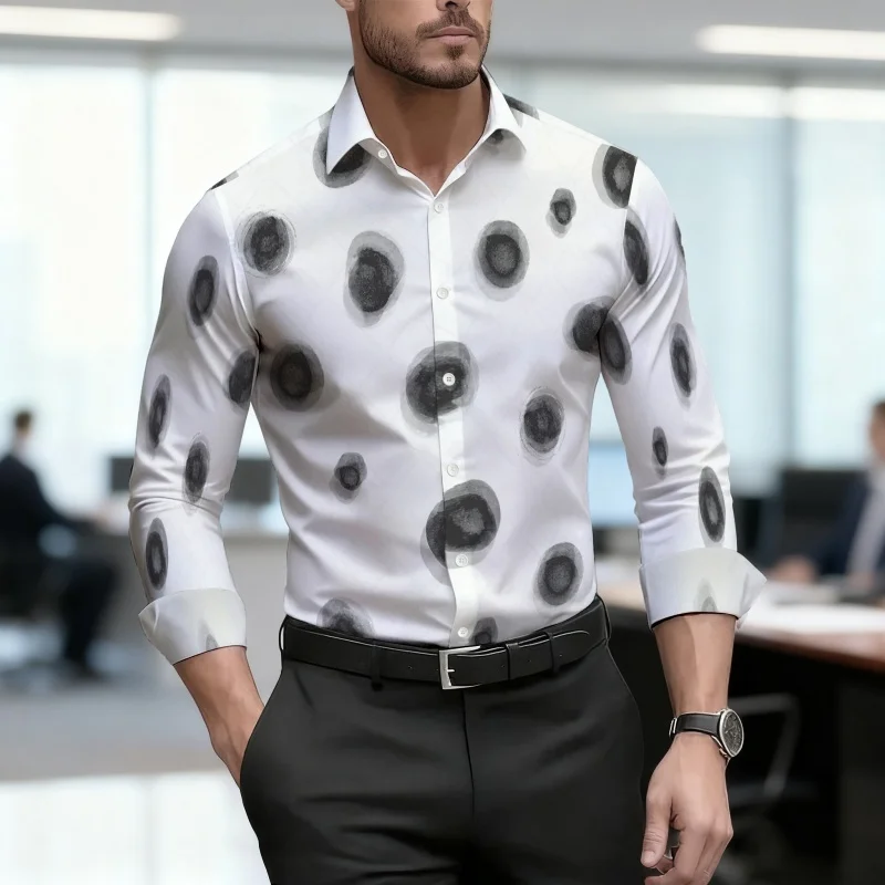 

Men's shirt with personalized polka dot print long sleeved shirt, lapel, single breasted long sleeved top, high-quality fabric